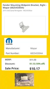 Jeep Renegade 68254330AA Right Fender Bracket Mounting Midpoint Part - 2015-2023 - Bild 1 von 16