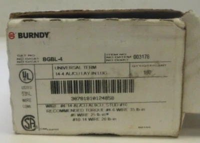 BURNDY CAT NO: BGBL4 14-4 AL/CU LAY IN LUG #4-14 AL/CU AL9CU STUD #4-6 WIRE - Image 1 of 4