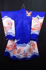 Vintage Japanese Girl's Royal Blue 'Crane Birds & Peonies' Furisode Kimono Age 8