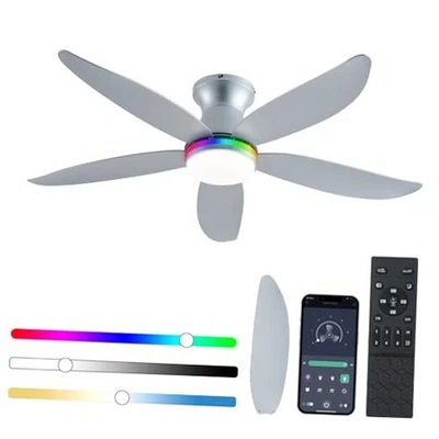 Ceiling Fan with Light, 48" RGB Low Profile Ceiling Fans with Lights and Silver - Image 1 of 4