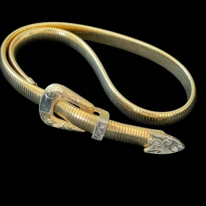 Vintage Western Style Accessocraft NYC Stretch Gold Belt w/Silver Tone Buckle - Picture 1 of 3