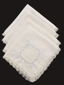 VINTAGE LINEN NAPKINS  BLUE ON WHITE CUTWORK EMBROIDERY 11.5" X  11.5"  SET 4 - Picture 1 of 9
