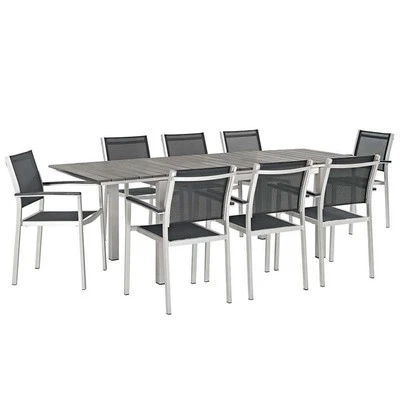 Juego de comedor de patio de aluminio extensible de 9 piezas Modway Shore en plata y negro Foto 1 de 4