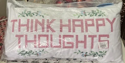 Embroidered Pillow Happy Thoughts Cottage Core Long Cushion NEW 22x11 Optimism - Image 1 of 4