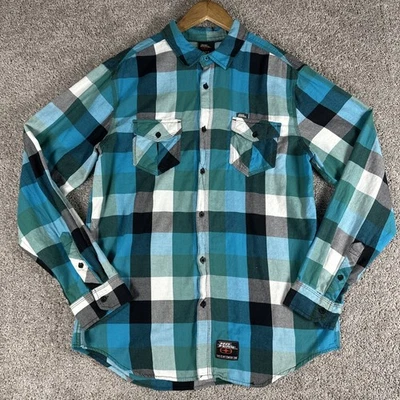 Camisa No Fear Para Hombres L Azul Teal Cuadros Manga Larga Franela Motociclista Patinador Y2K Foto 1 de 4