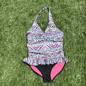 Wonder Nation Girls L/G (10-12) Tribal Print Ruched Peplum One Piece Swimsuit - Picture 1 of 8