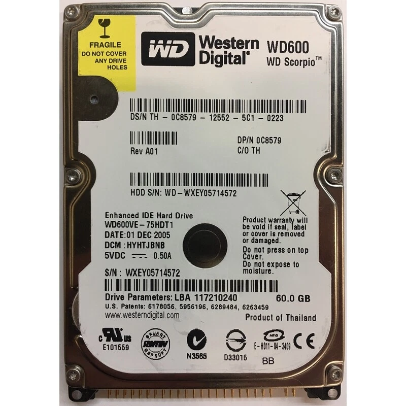 WD600VE-75HDT1 - Western Digital 60GB 5400 RPM IDE 2.5" HDD - Image 1 of 1