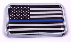 USA Thin Blue Line Police rectanguglar Chrome Emblem Car Decal Sticker 3"x1.75" - Foto 1 di 2