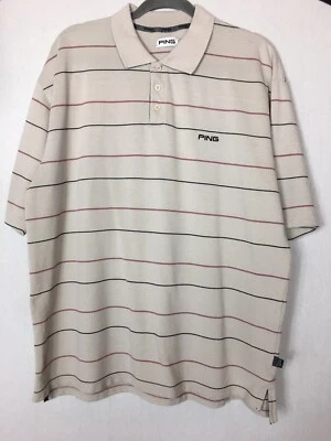 Mens Ping Golfing Polo Shirt Pale Beige Striped Logo Detail Pit To Pit 24” Large - Image 1 of 4