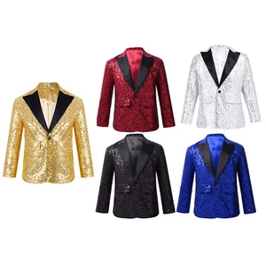 Boys Shiny Sequin Lapel Jacket Coat Glitter Blazer Tuxedo Banquet Party Costumes - Picture 1 of 64