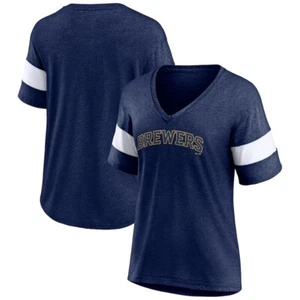 Milwaukee Brewers T-Shirt Women's Large Navy Heather Wordmark V-Neck Tri-Blend - Picture 1 of 8