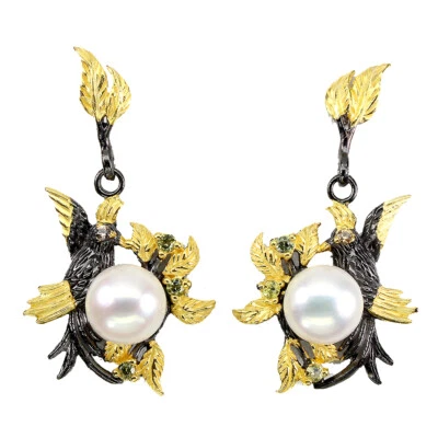 925 Orecchini Argento Sterling Zaffiro Multicolore Rotondo Taglio Diamante Perla - Immagine 1 di 4