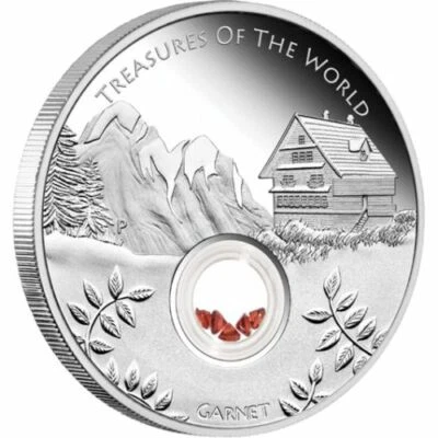 2013 $1 Treasures of the World Europe 1oz Silver Proof Locket Coin Garnet Gem - Image 1 of 4