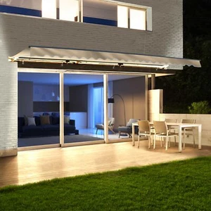 ALEKO Semi-Cassette Motorized LED Retractable 12x10 ft Patio Awning Canopy Ivory - Picture 1 of 12