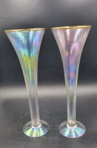 Set Of 2 Tall Anthropologie Marion Pink Blue Iridescent Champagne Flutes Glasses - Picture 1 of 6