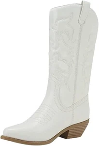 Soda Reno White/Beige Pu Western Cowboy Stitched Pointed Toe Ankle Fashion Boots - Picture 1 of 6