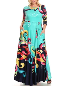 Plus Size Multicolor Abstract Scrolls Print Belted Flared Maxi Dress XL 1X - Picture 1 of 4