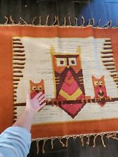 Vintage 60's 70's ~ Wool Owl Rug Wall Hanging 45" X 25" ~ MCM Textile Art