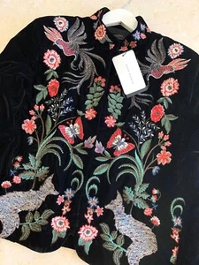 A856 ZARA VELVET BLAZER BLACK EMBROIDERED FLORAL KIMONO COAT JACKET MEDIUM - M - Bild 1 von 17