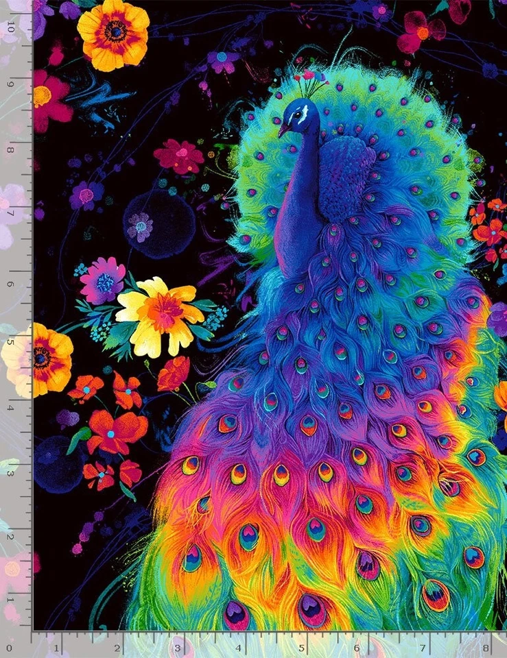 Animal Fabric - Rainbow Peacock & Spring Floral Black - Timeless Treasures YARD - Image 1 of 1