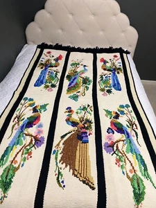 Vintage Peacock Bird Handmade Needlepoint Throw Blanket Afghan 46 X 80 Great Con - Picture 1 of 15