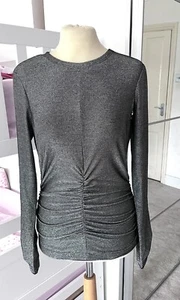 ME + EM Grey Stretch Metallic Shiny Long Sleeve  Ruffle Top UK 8. DEFECT- HOLE - Picture 1 of 6