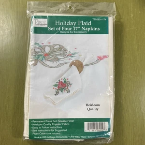 Tobin Set of 4 Christmas Napkins Stamped Embroidery Holly Berry Plaid Ribbon 17" - Picture 1 of 3