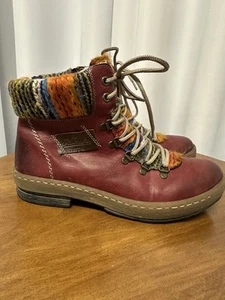 Rieker Felicitas Size 39 Red Ankle Hiking Boots Knit Lace Up Zipper Heel - Picture 1 of 10