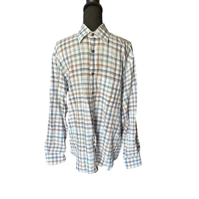 Robert Talbott 100% Linen Plaid Button Up Shirt Blue Brown Long Sleeve – Size M - Image 1 of 4