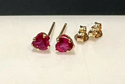 10k Y Gold Red Stone Heart Shape Stud  Earrings 10k Backs Unworn Condition - Image 1 of 4