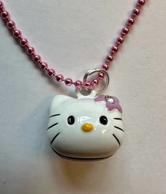 HELLO KITTY BELL PURPLE BOW PENDANT 3/4 OF 1" NECKLACE 18" PINK BEADED - Image 1 of 3
