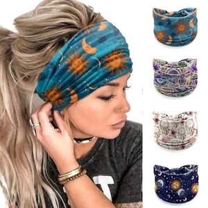 Boho Wide Headbands Elastic Printed Headscarf New Turban  Women - Picture 1 of 25