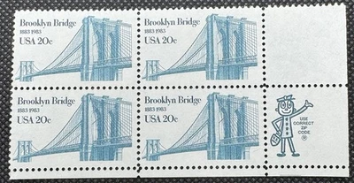 Zip Block of 4 stamps - Scott 2041 - 20 cent - Brooklyn Bridge - 1983 - MNH - Image 1 of 2