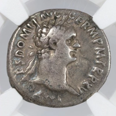 Domitian AR Denarius Roman Empire Silver Coin 81-96 AD NGC Ch F, Perhaps Plated - Image 1 of 4