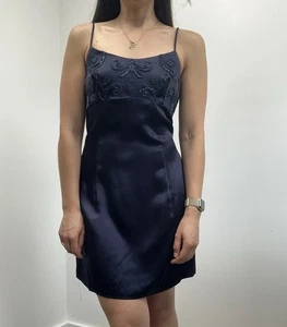 Gunne Sax Vintage 90s Jessica McClintock Navy Blue Satin Mini Dress Beaded S - Bild 1 von 8