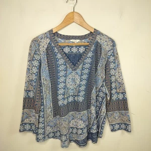 Lucky Brand Damen Top Größe XL Blumen Boho 3/4 Arm T-Shirt V-Ausschnitt blau braun - Bild 1 von 7