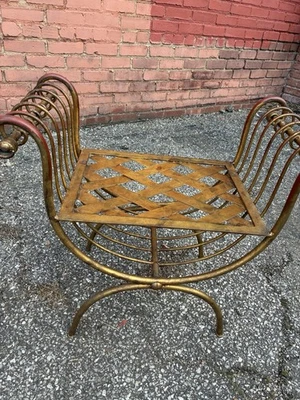 Vintage Vanity Stool Bench Metal Fancy Scroll MCM Hollywood Regency Italian 24” - Image 1 of 4