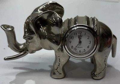 Silver Elephant Quartz Clock Figurine Rhinestone Accents Japan Mount - Image 1 of 4