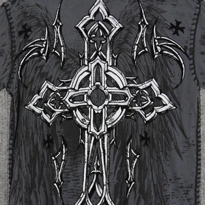 Affliction Type T Shirt Mens Large Gray Double Cross AOP Skater Grunge Rare Y2K - Picture 1 of 6