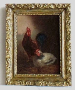 19th ANTIQUE VINTAGE SUPERB MINIATURE PAINTING PORTRAIT OF CHICKEN & ROOSTER - Picture 1 of 4