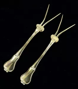 Pair 1855 Russian Gilt Silver Meat or Potato Forks Malcz Fleur de Lis Crest - Picture 1 of 7