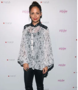 NWT Nicole Richie Impulse Sheer Black White Floral Bird Balloon Sleeve Blouse L - Picture 1 of 10