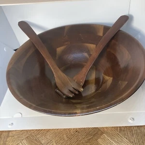 Vintage MCM Vermillion Real Walnut Wood 14” Salad Serving Bowl With 2 Utensils - Picture 1 of 8