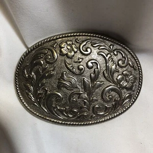 BELT BUCKLE SILVER OVAL -Ornate Flower Scroll Pattern - Picture 1 of 10