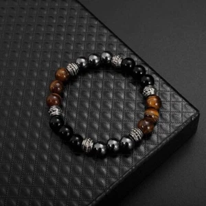 Unisex Bracelet with Tiger's Eye, Onyx, Hematite – Antique Style, Adjustable - Picture 1 of 4
