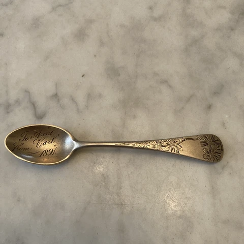 Antique Sterling Silver Souvenir Spoon Demi, Gifted To Aunt From Carl 1891.4.25” Cover