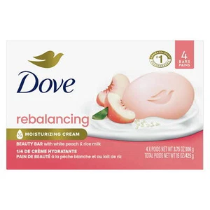 Dove Beauty Bar Soap for Women Rebalancing White Peach & Rice Milk 3.75oz 4 Bars - Picture 1 of 6