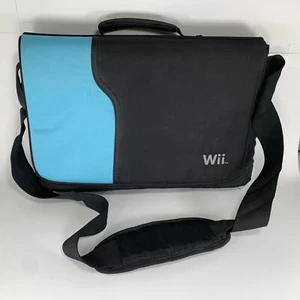 Nintendo Wii Black Blue Carrying Case Travel Messenger Bag Multi Pockets Strap - Picture 1 of 9