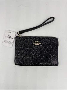Coach Corner Zip Black Signature Debossed Patent Leather Wristlet Wallet F58034 - Picture 1 of 3