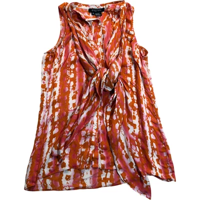 Blusa feminina ETCETERA tamanho 10 listra abstrata sem mangas frente amarrada 100% seda - Imagem 1 de 4